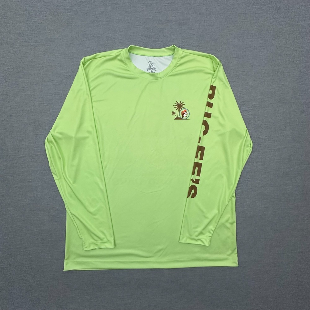 Buc-Ees Sun Shirt Mens XL Green Performance Stretch Fish Double Sided Vacation